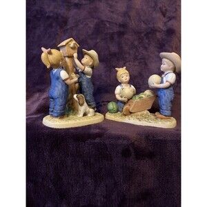 Vtg 1985 Homco Denim Days Our Birdhouse / Melon Patch  Porcelain Figurines